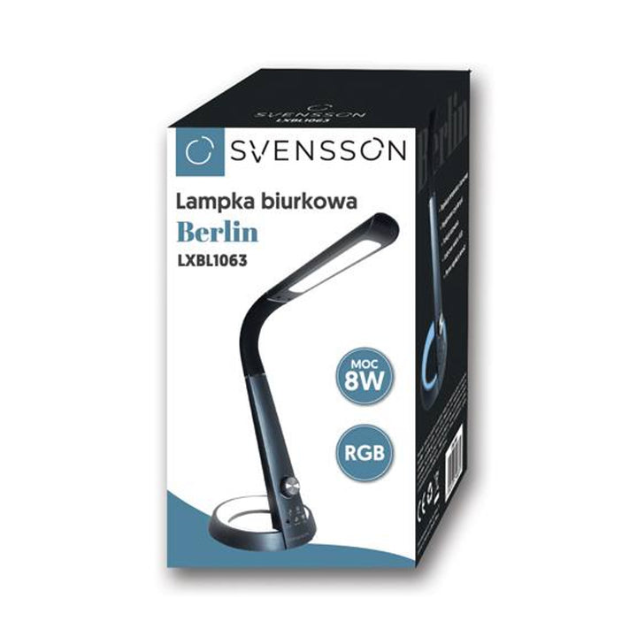 Svensson kantoorlamp, 450 Lumen, 8W vermogen, drie lichttemperaturen, oplaadfunctie voor mobiele apparaten, RGB voet, LXBL1063