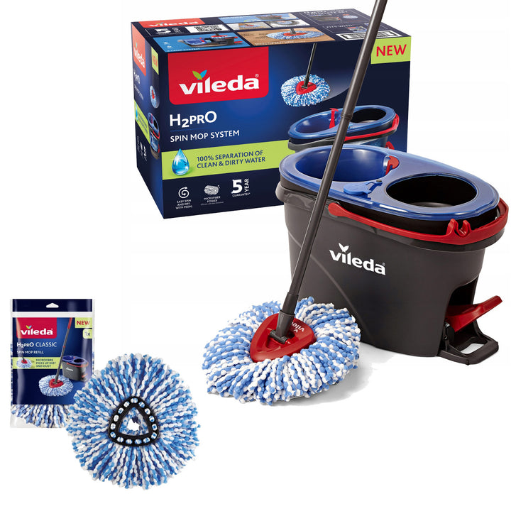 Vileda roterende mop, twee kamers, centrifugesysteem, inklapbare steel, eenvoudige reiniging van hoeken, turbo H2prO + extra cartridge