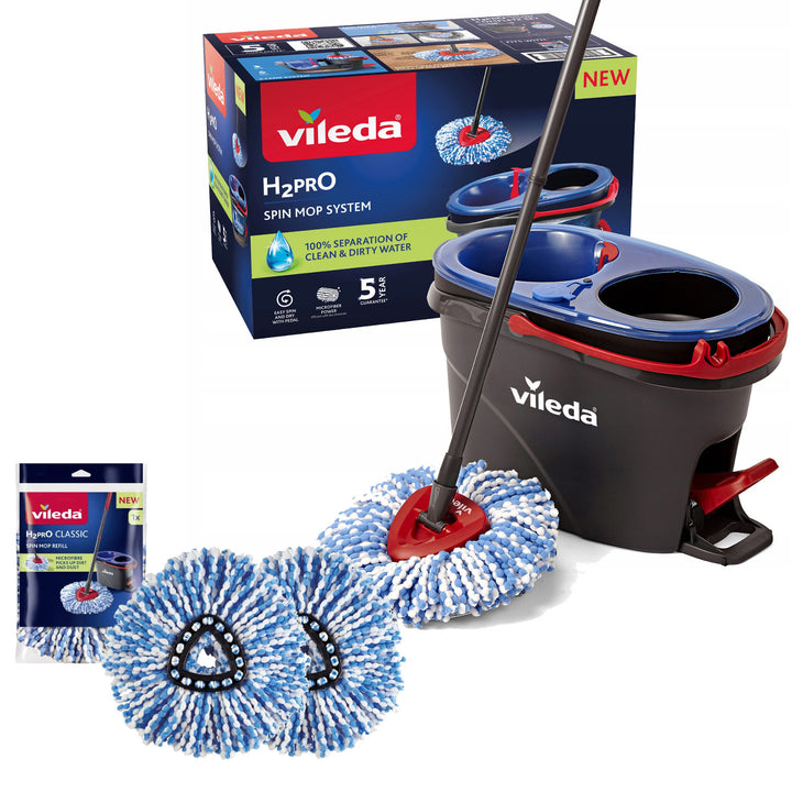 Vileda roterende mop, twee kamers, centrifugesysteem, opklapbare steel, eenvoudige reiniging van hoeken, turbo H2prO + 2 extra patronen