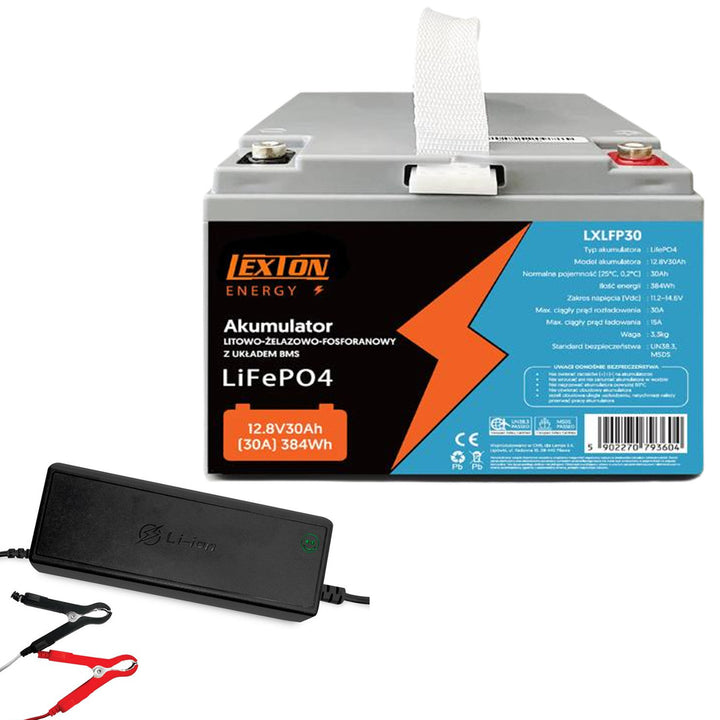 LiFePo4 Lexton lithium-ijzer-fosfaataccu, met BMS, 12,8V, 30Ah, LXLFP30 + LTC Energy LiFePO4 acculader