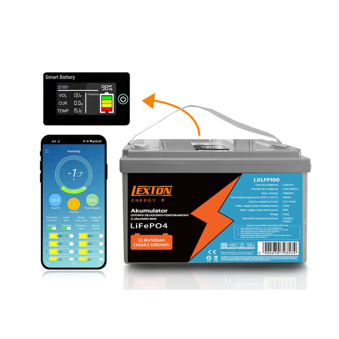 LiFePo4 Lexton lithium-ijzer-fosfaataccu, met BMS, 12,8V, 100Ah, LXLFP100 + LTC Energy LiFePO4 acculader