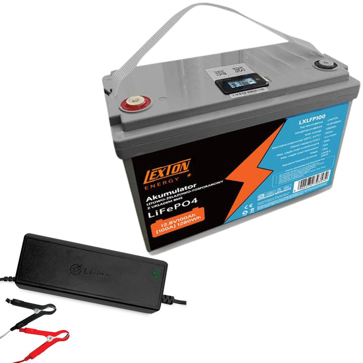 LiFePo4 Lexton lithium-ijzer-fosfaataccu, met BMS, 12,8V, 100Ah, LXLFP100 + LTC Energy LiFePO4 acculader