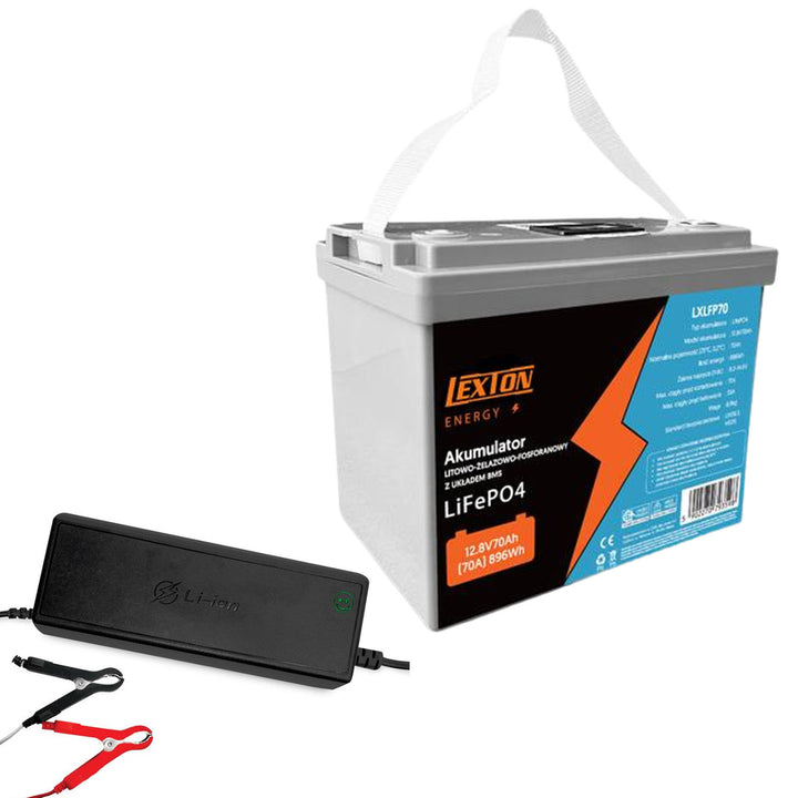 Lexton Lithium IJzerfosfaat LiFePo4 Batterij, met BMS, 12,8V, 70Ah, LXLFP70 + LTC Energy LiFePO4 Batterij Gelijkrichter