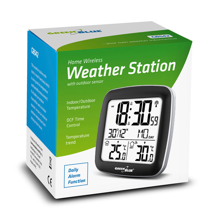 GreenBlue draadloos weerstation, met DCF, kalender, alarm, GB542 + 4x Varta Industrial AAA alkaline batterij