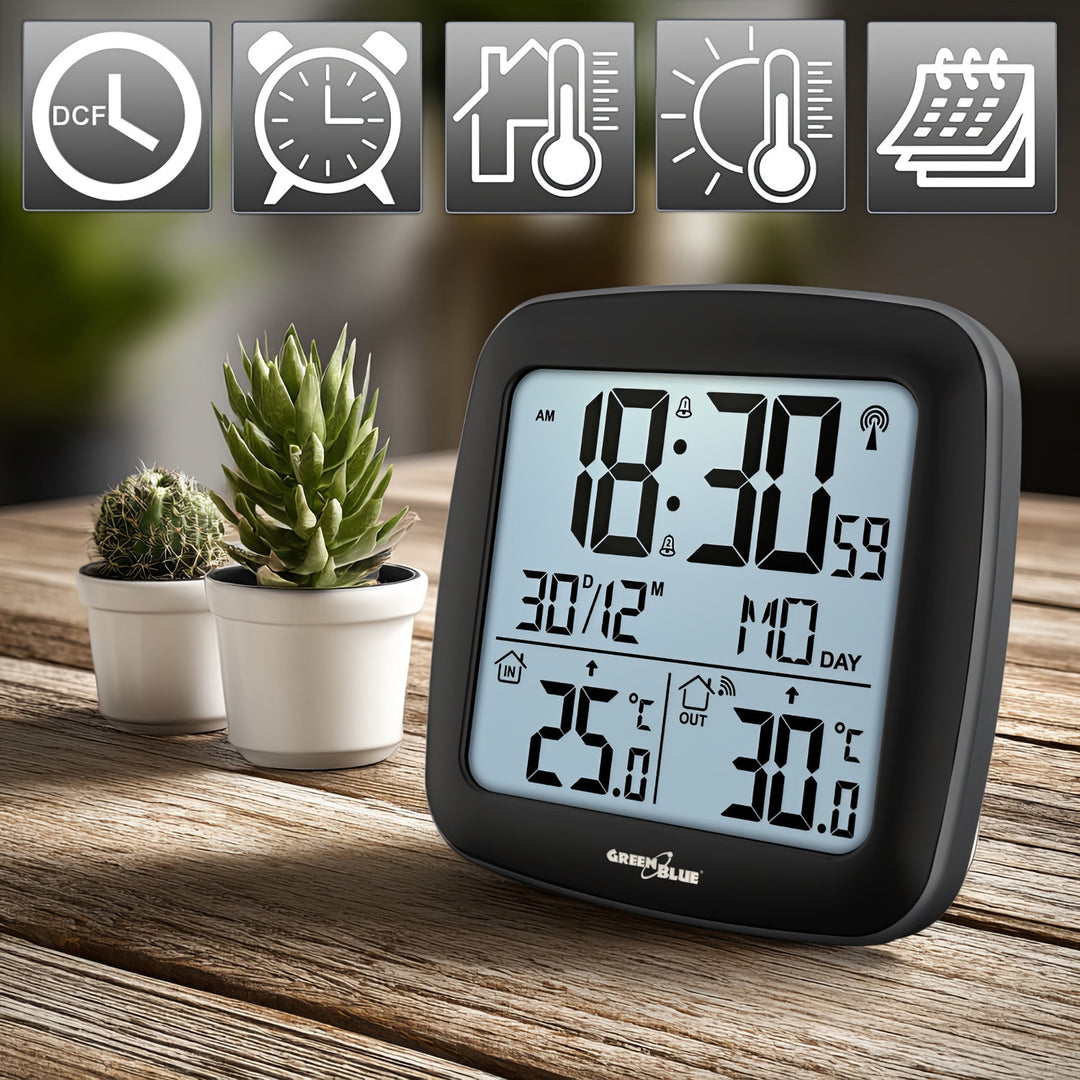 GreenBlue draadloos weerstation, met DCF, kalender, alarm, GB542 + 4x Varta Industrial AAA alkaline batterij