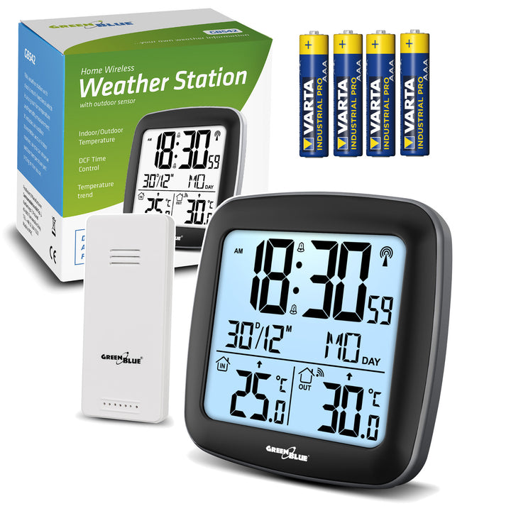 GreenBlue draadloos weerstation, met DCF, kalender, alarm, GB542 + 4x Varta Industrial AAA alkaline batterij