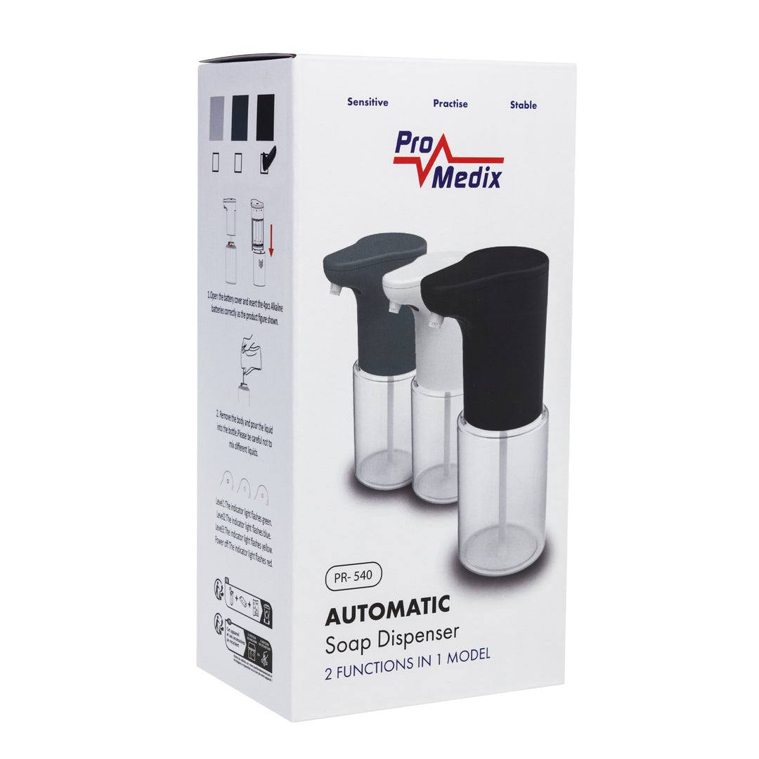 Promedix automatische dispenser, dispensercontainer voor vloeibare zepen, desinfecterende vloeistoffen, 300ml, zwart, PR-540 B + 4 AA Varta Industrial batterijen
