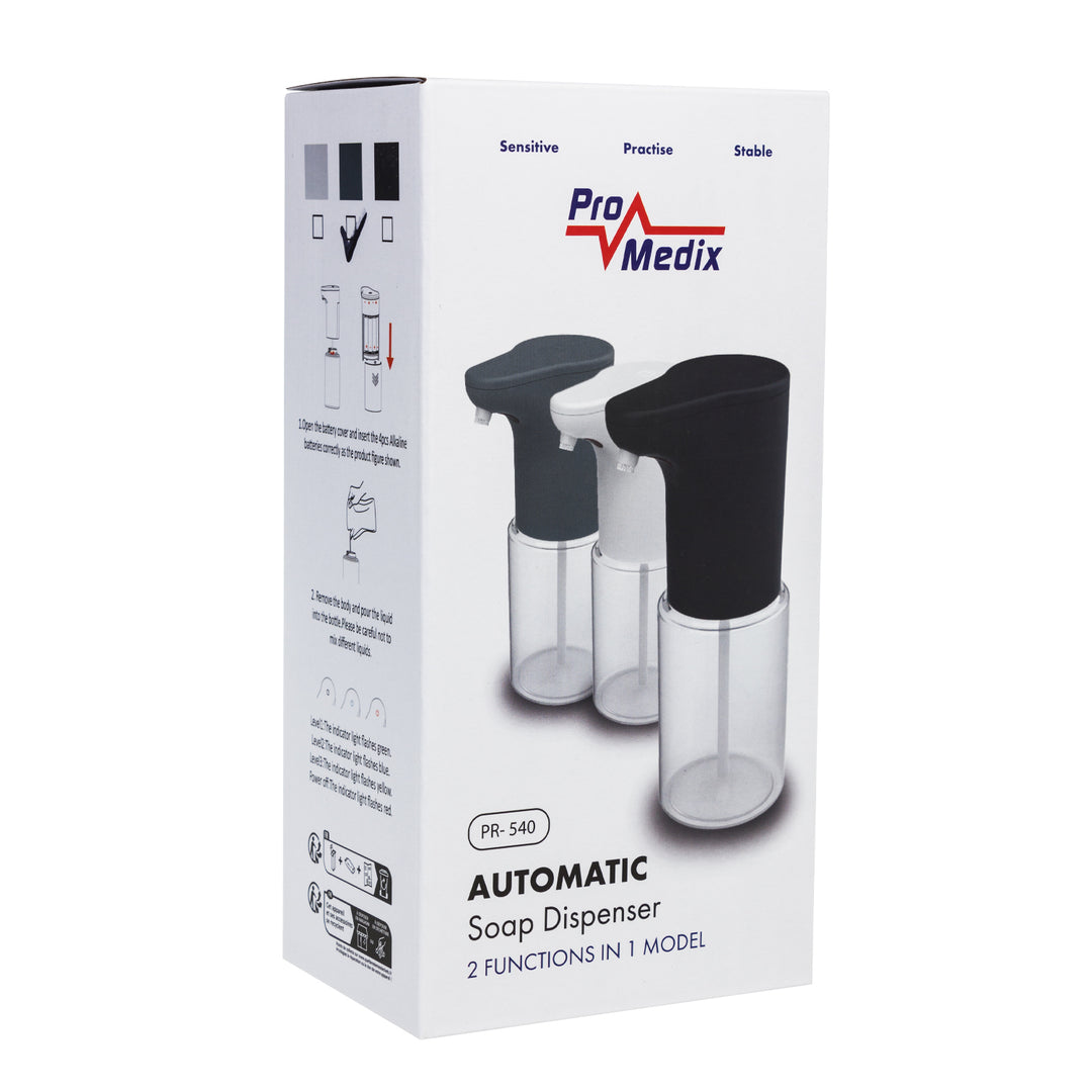 Promedix automatische dispenser, dispensercontainer voor vloeibare zepen, desinfecterende vloeistoffen, 300ml, grijs, PR-540 GR + 4 Varta Industrial AA batterijen