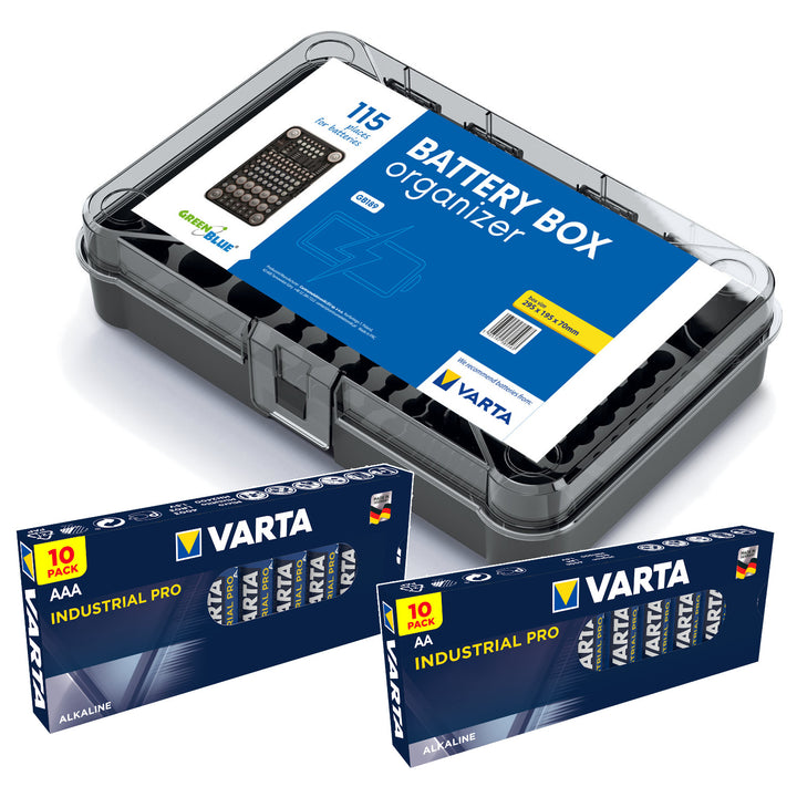 Batterijhouder GroenBlauwe Varta Box GB189 + 10x AA en 10x AAA Varta Industrial
