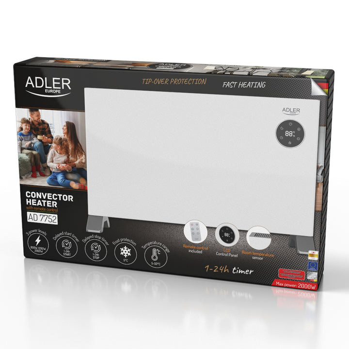 Convectorverwarming Adler, LED-display, afstandsbediening, 3 verwarmingsstanden, thermostaat, max 2000W, AD 7752