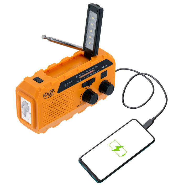 Adler radio op zonne-energie, oplaadbare batterij 1200 mAh, zaklamp, handslinger, AD 1197
