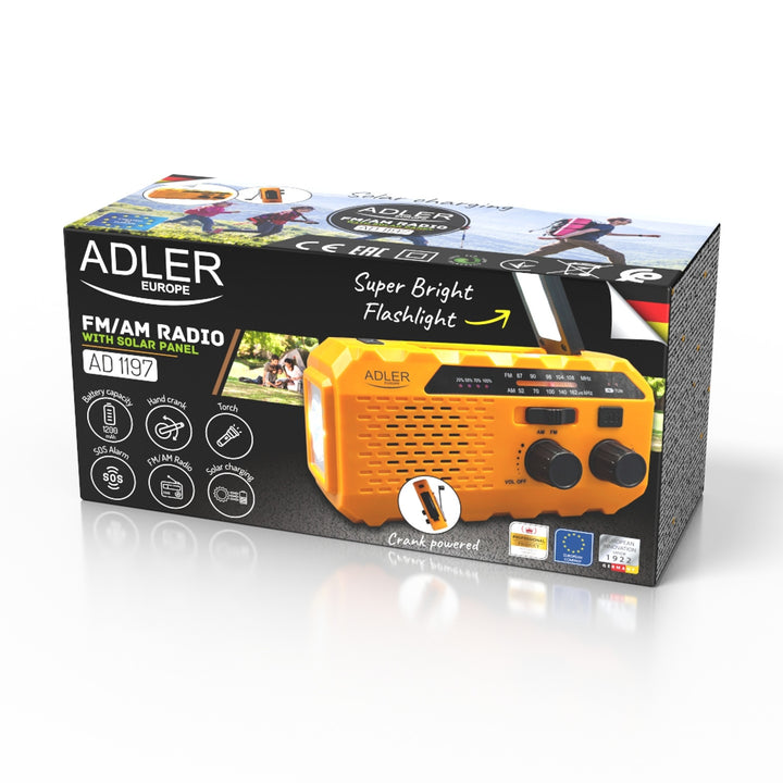 Adler radio op zonne-energie, oplaadbare batterij 1200 mAh, zaklamp, handslinger, AD 1197