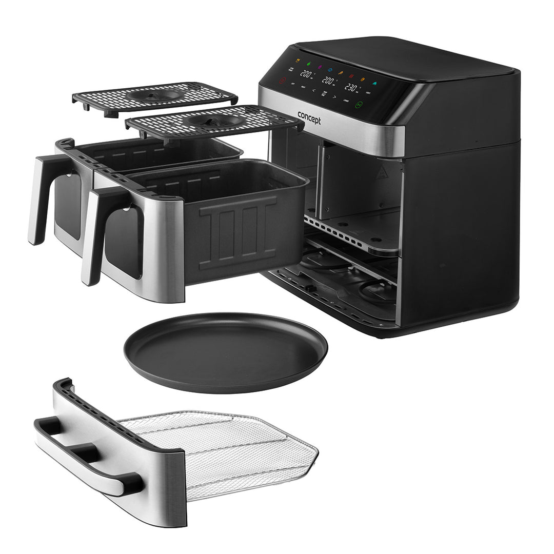 Concept vetvrije friteuse, 3 aparte laden, gesynchroniseerd koken, 8 vooraf ingestelde programma's, FR9000