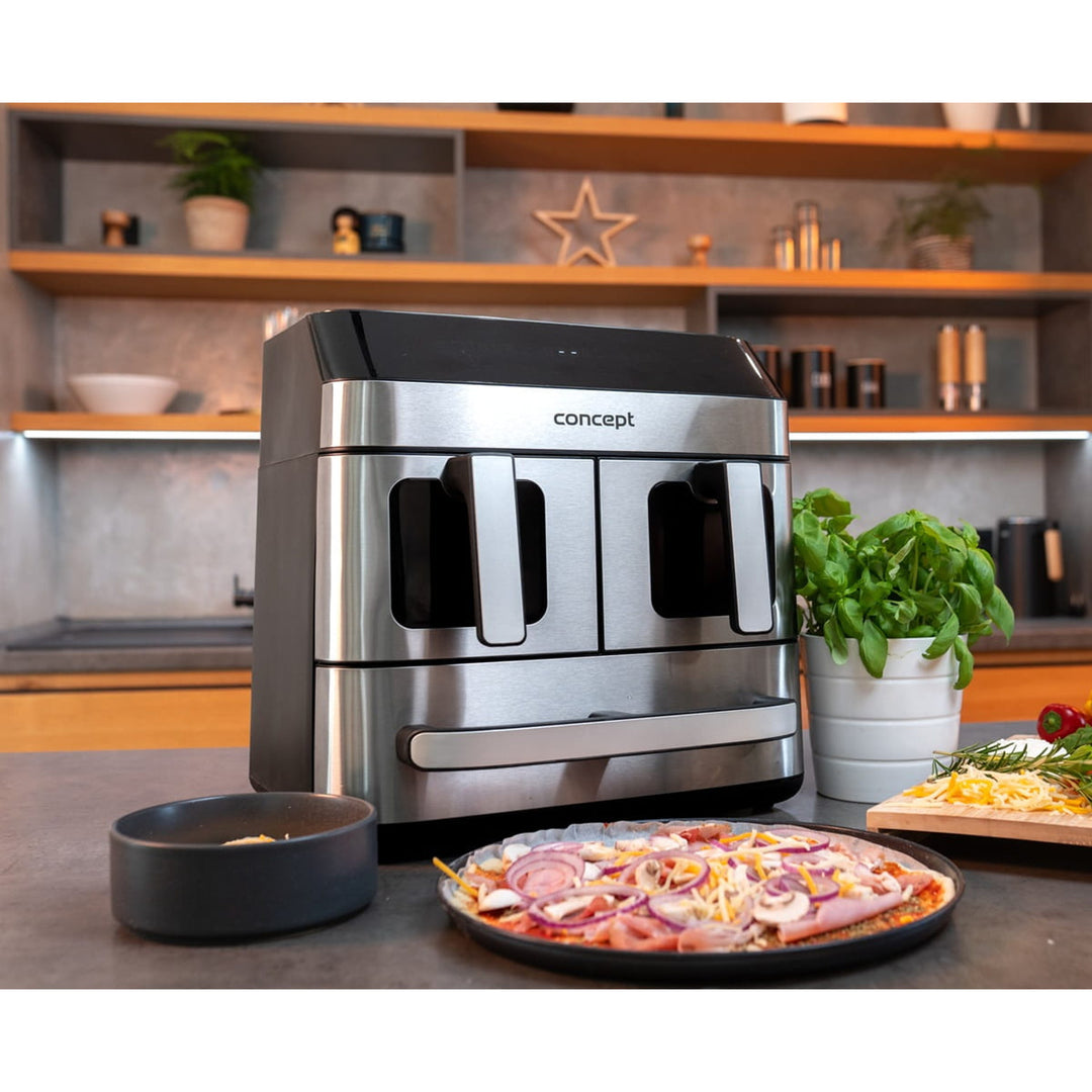 Concept vetvrije friteuse, 3 aparte laden, gesynchroniseerd koken, 8 vooraf ingestelde programma's, FR9000