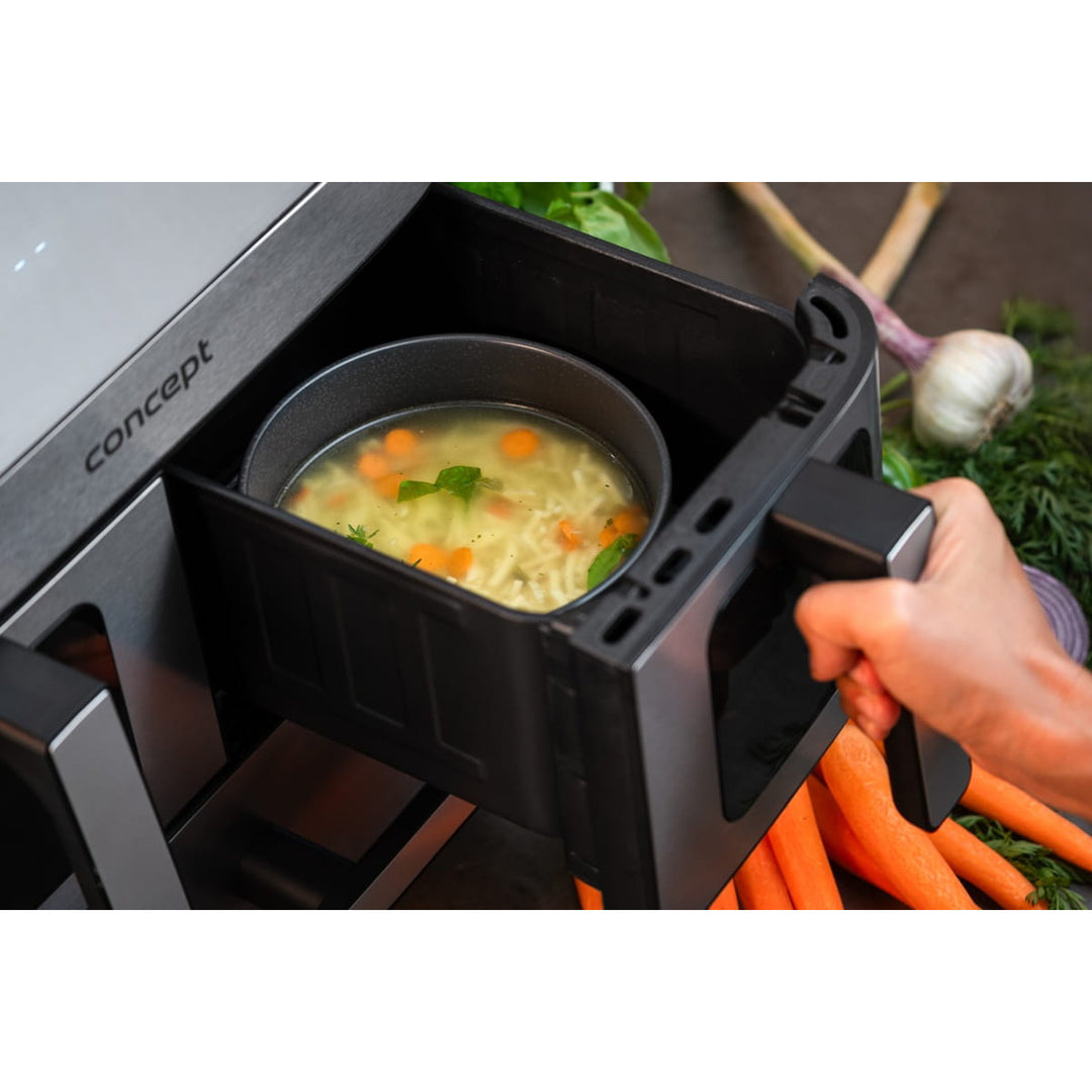 Concept vetvrije friteuse, 3 aparte laden, gesynchroniseerd koken, 8 vooraf ingestelde programma's, FR9000