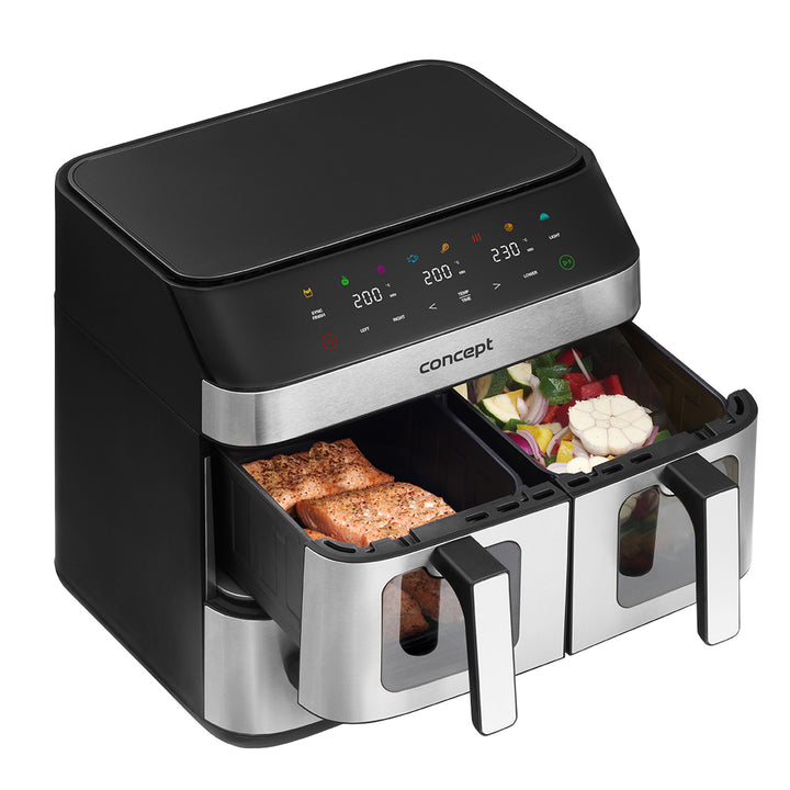 Concept vetvrije friteuse, 3 aparte laden, gesynchroniseerd koken, 8 vooraf ingestelde programma's, FR9000