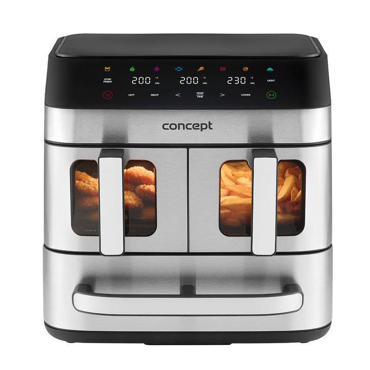 Concept vetvrije friteuse, 3 aparte laden, gesynchroniseerd koken, 8 vooraf ingestelde programma's, FR9000