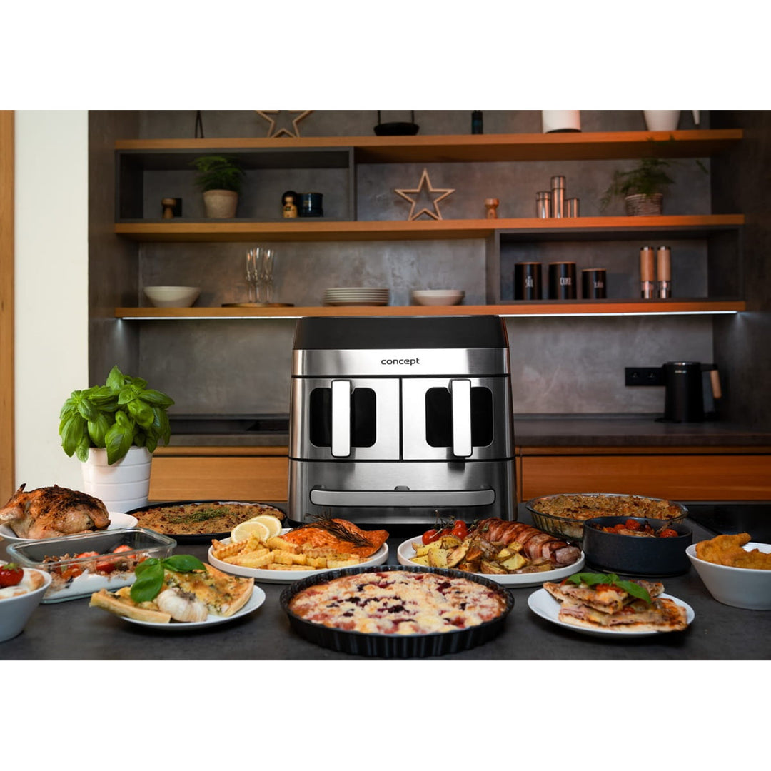 Concept vetvrije friteuse, 3 aparte laden, gesynchroniseerd koken, 8 vooraf ingestelde programma's, FR9000