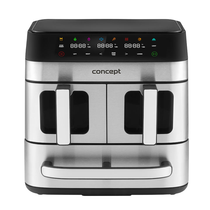 Concept vetvrije friteuse, 3 aparte laden, gesynchroniseerd koken, 8 vooraf ingestelde programma's, FR9000