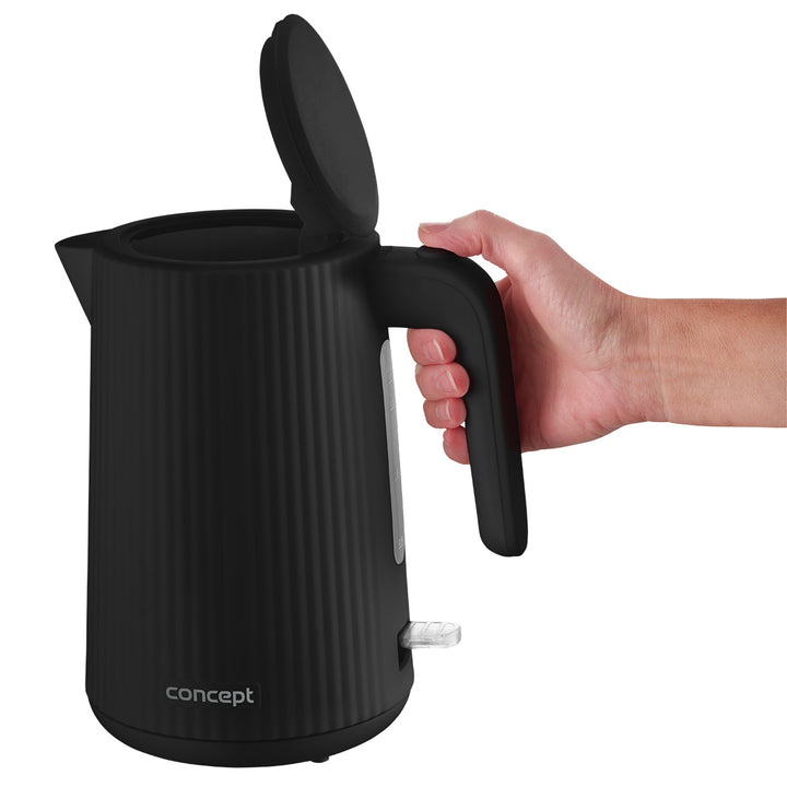 Concept kunststof waterkoker, 1,7L, geribbeld ontwerp, drievoudig veiligheidssysteem, bezinkselfilter, waterpeilindicator, zwart, RK2391