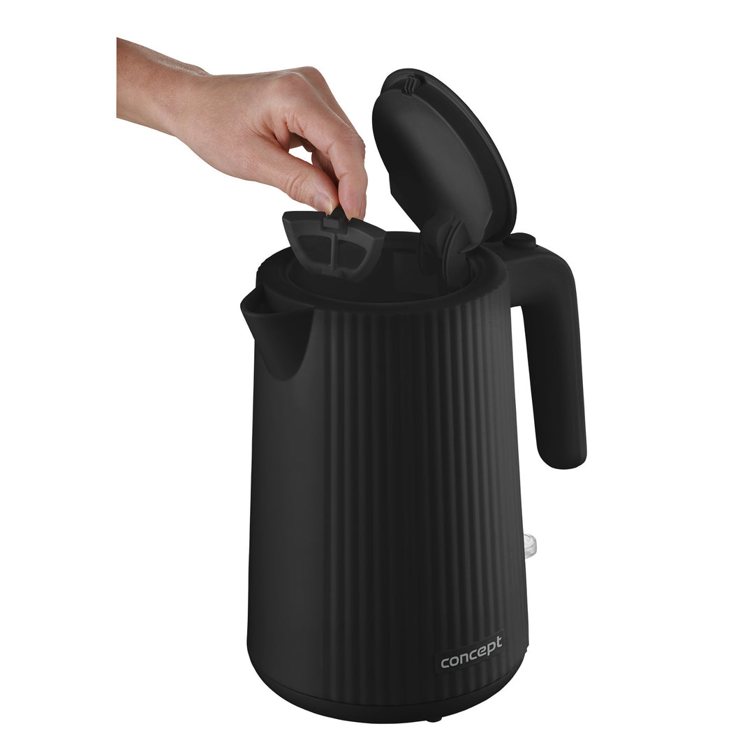 Concept kunststof waterkoker, 1,7L, geribbeld ontwerp, drievoudig veiligheidssysteem, bezinkselfilter, waterpeilindicator, zwart, RK2391