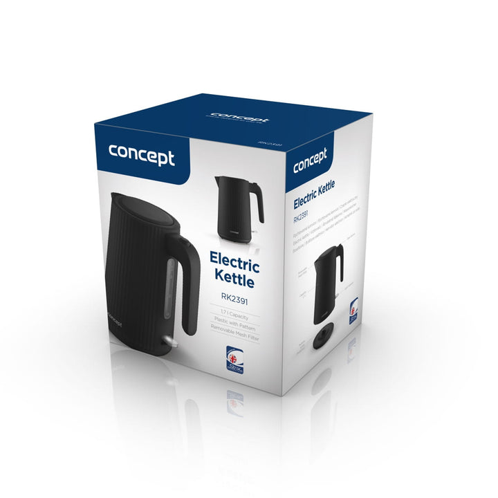 Concept kunststof waterkoker, 1,7L, geribbeld ontwerp, drievoudig veiligheidssysteem, bezinkselfilter, waterpeilindicator, zwart, RK2391