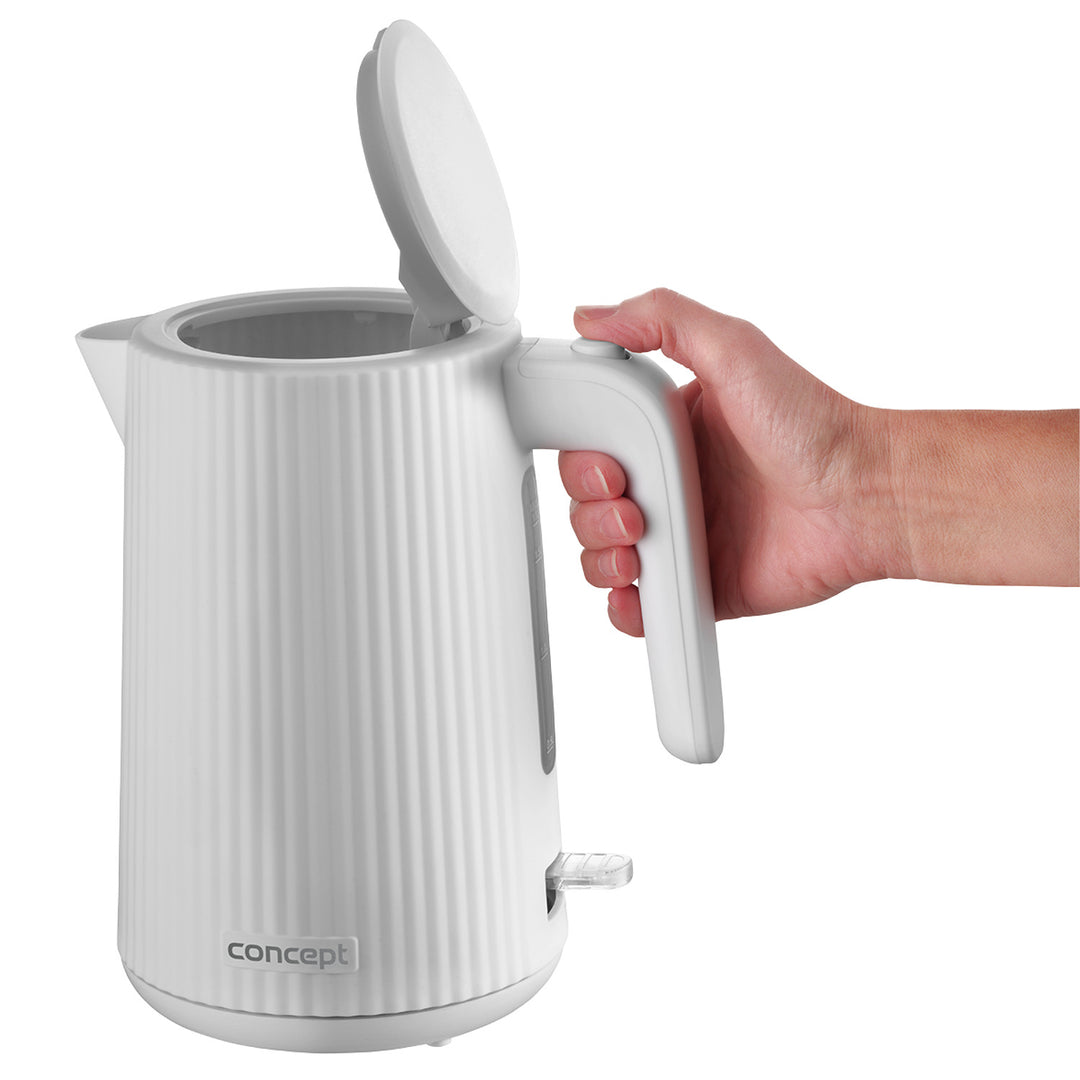 Concept kunststof waterkoker, 1,7L, geribbeld ontwerp, drievoudig veiligheidssysteem, bezinkselfilter, waterpeilindicator, wit, RK2390
