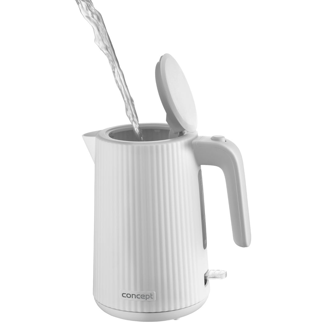 Concept kunststof waterkoker, 1,7L, geribbeld ontwerp, drievoudig veiligheidssysteem, bezinkselfilter, waterpeilindicator, wit, RK2390