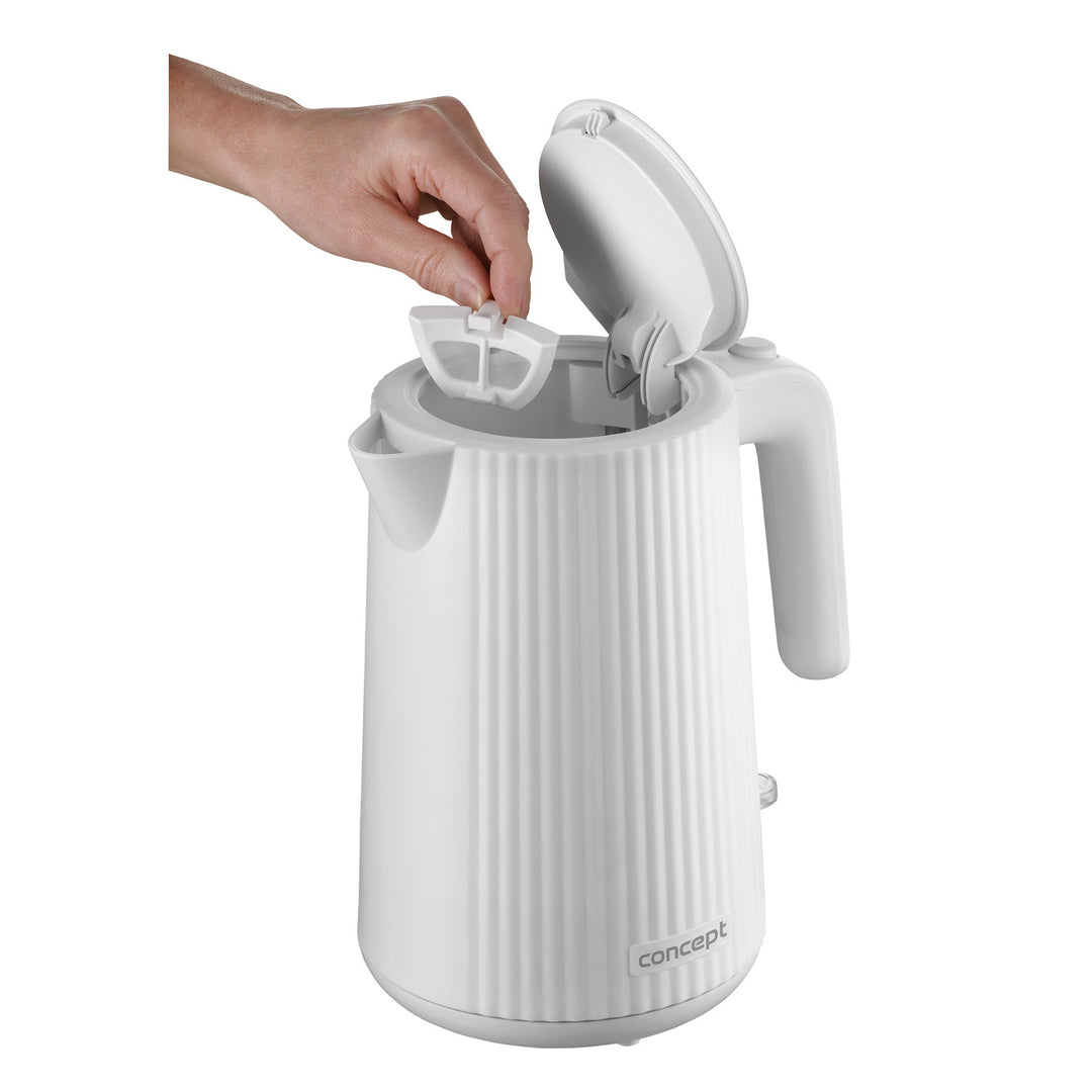 Concept kunststof waterkoker, 1,7L, geribbeld ontwerp, drievoudig veiligheidssysteem, bezinkselfilter, waterpeilindicator, wit, RK2390
