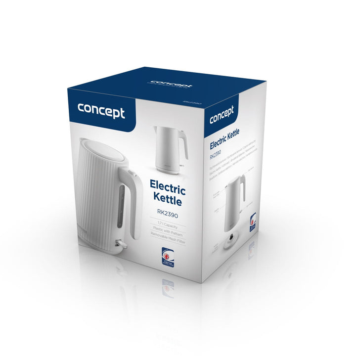 Concept kunststof waterkoker, 1,7L, geribbeld ontwerp, drievoudig veiligheidssysteem, bezinkselfilter, waterpeilindicator, wit, RK2390