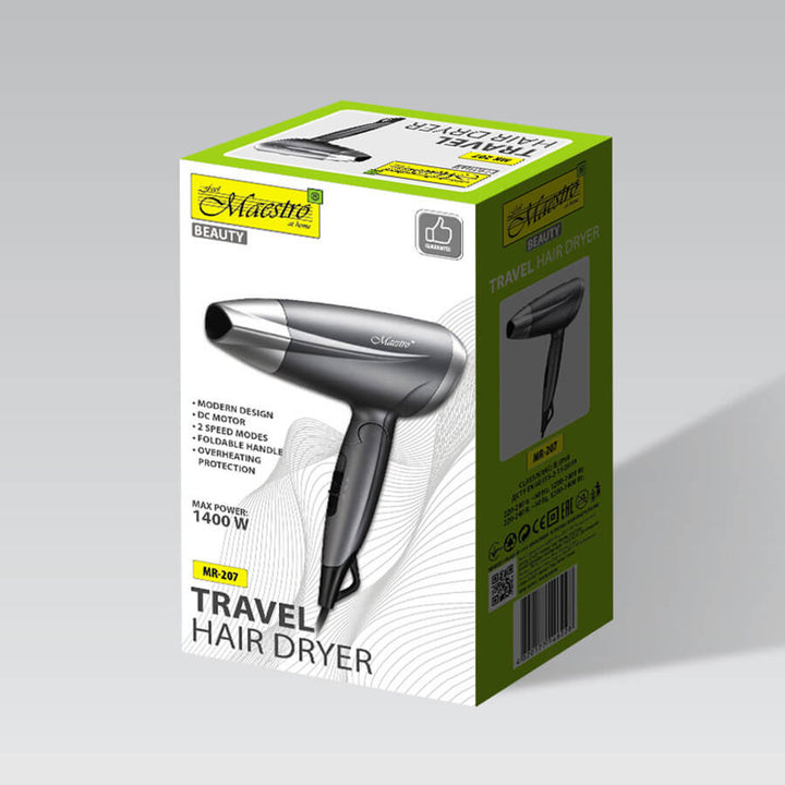 Maestro haardroger, vermogen 1400W, inklapbare handgreep, 2 luchtsnelheden, concentrator, MR-207