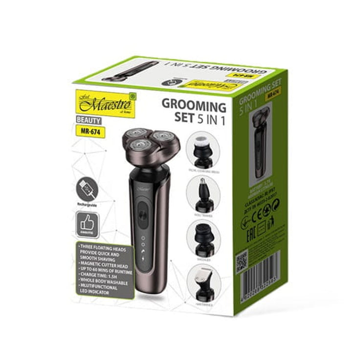 Maestro 5-in-1 scheerset, scheerapparaat, neustrimmer, gezichtsreinigingsborstel, massagetip, haartrimmer, waterdichte behuizing, werktijd tot 60 min, MR-674