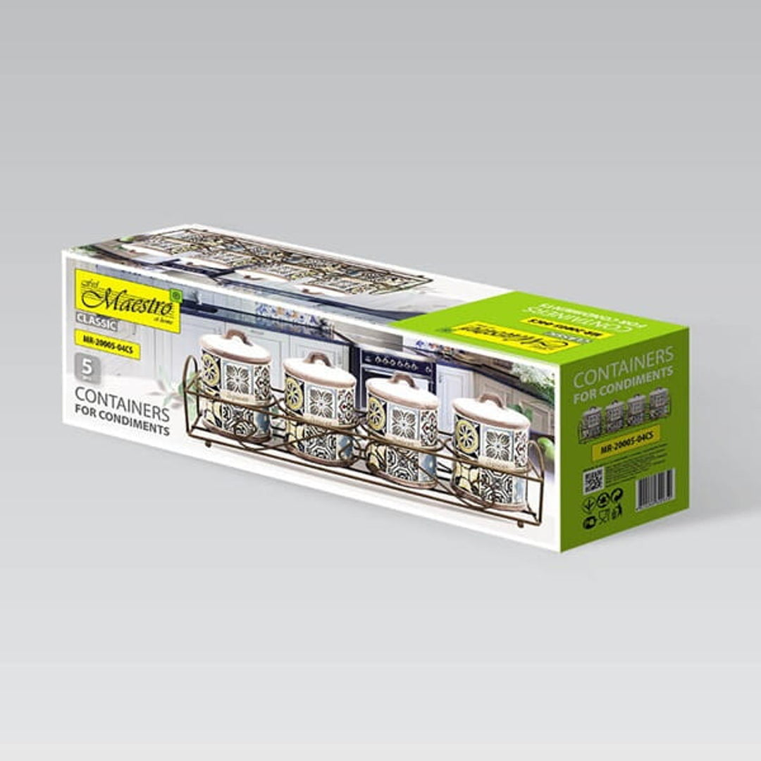 Holiday in Porto Maestro keramische containerset, 5 stuks, 200ml inhoud, ideaal voor specerijen, met metalen standaard, MR-20005-04CS