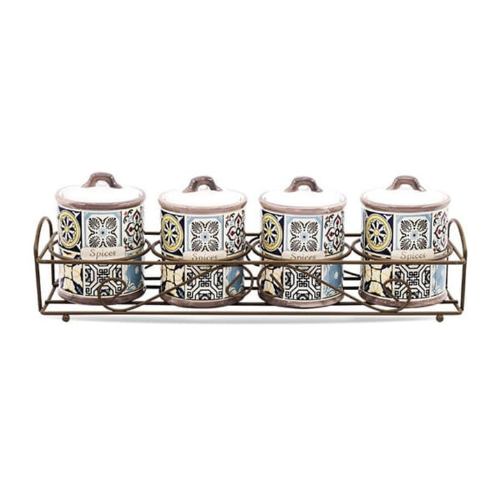 Holiday in Porto Maestro keramische containerset, 5 stuks, 200ml inhoud, ideaal voor specerijen, met metalen standaard, MR-20005-04CS