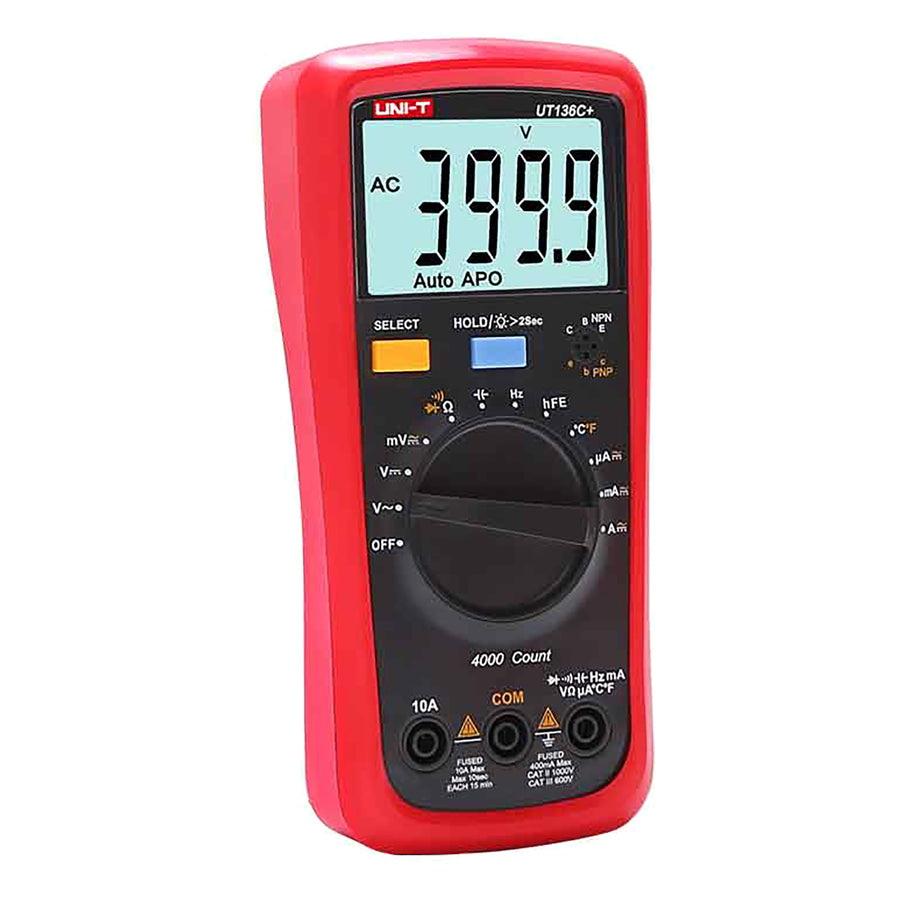 Uni-T digitale multimeter, spanning- en stroommeting, meetsnoeren inbegrepen, temperatuursonde, UT136C+
