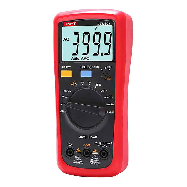 Uni-T digitale multimeter, spanning- en stroommeting, meetsnoeren inbegrepen, temperatuursonde, UT136C+