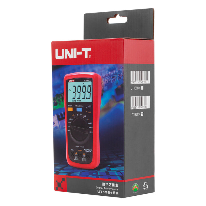 Uni-T digitale multimeter, spanning- en stroommeting, meetsnoeren inbegrepen, temperatuursonde, UT136C+