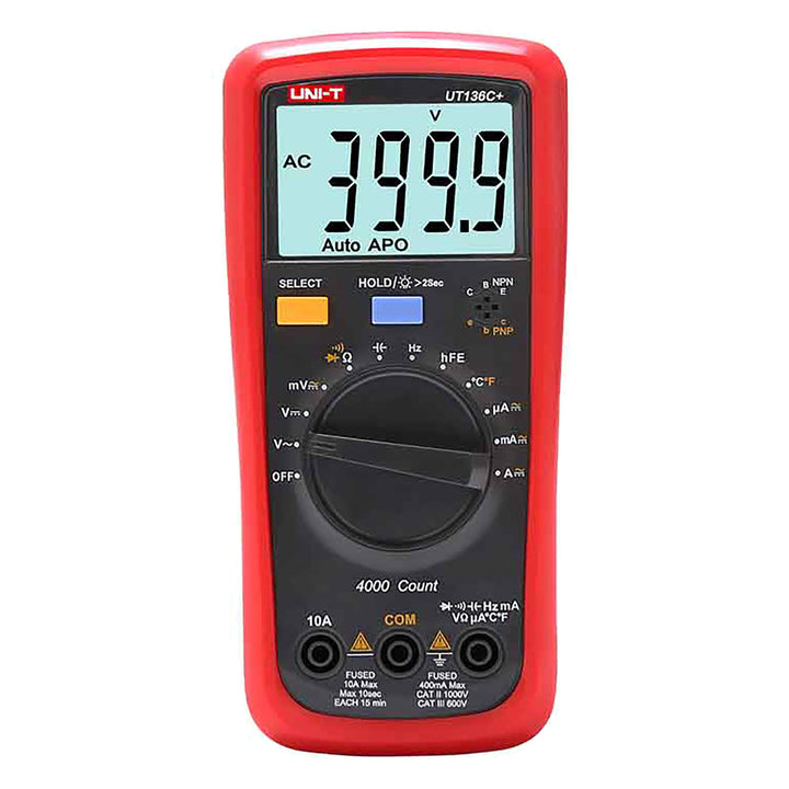 Uni-T digitale multimeter, spanning- en stroommeting, meetsnoeren inbegrepen, temperatuursonde, UT136C+