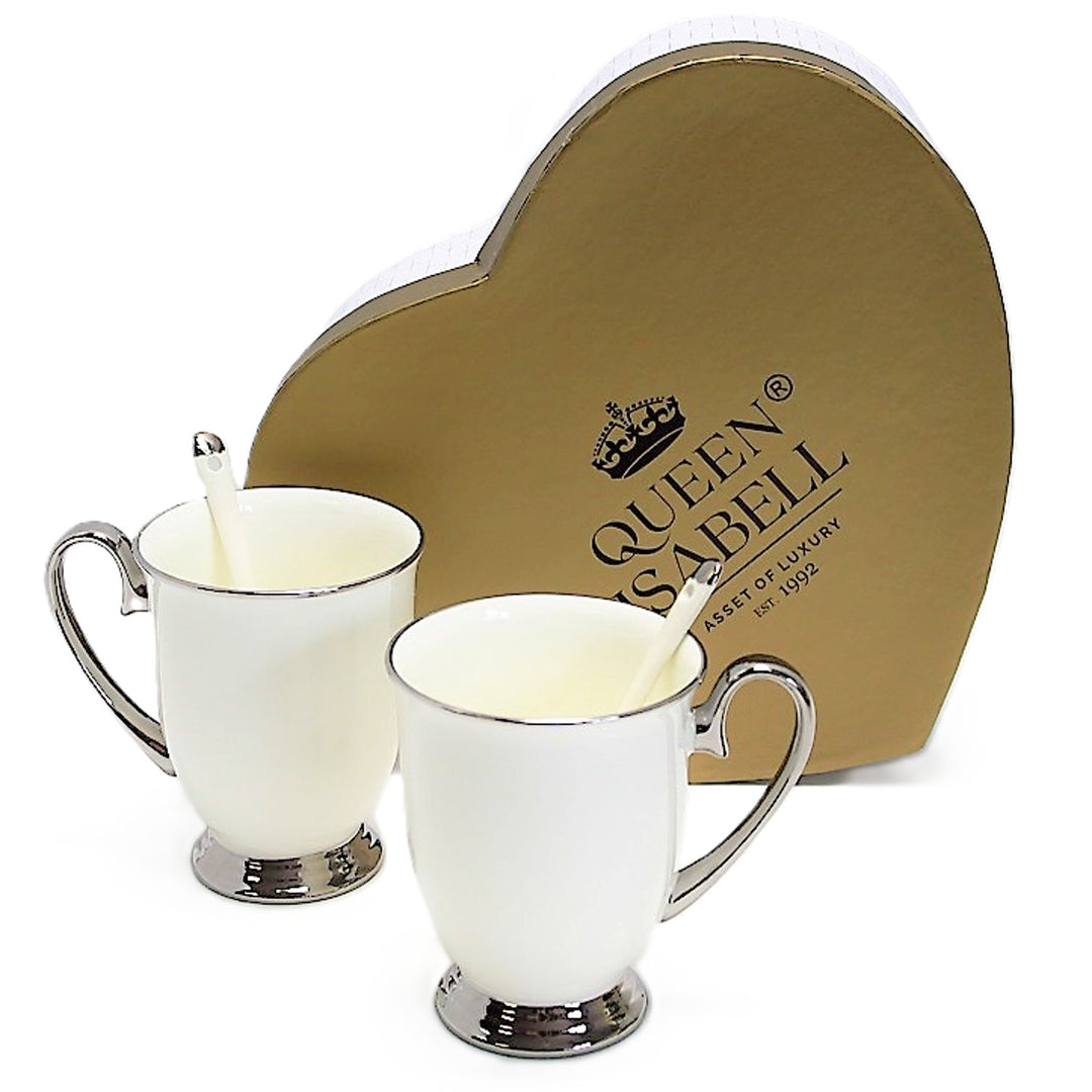 Witte mokken 2 stuks Chroom handvatten, theelepels, Porselein, Elegant, Queen Isabel