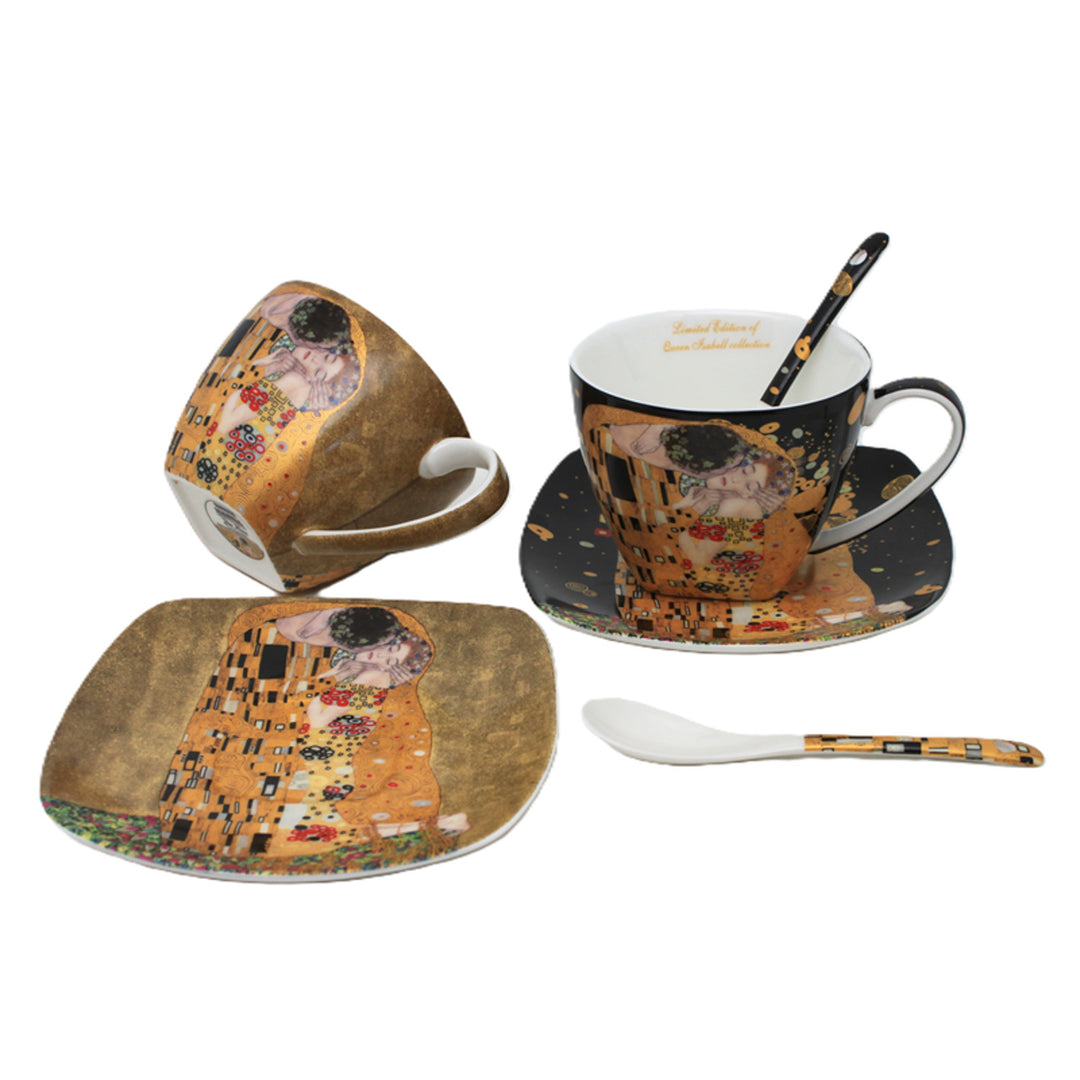 Queen Isabell - Set van 2 porseleinen kopjes, Klimt's Kiss-motief, theelepels, 250 ml, W25KL60-2-19000