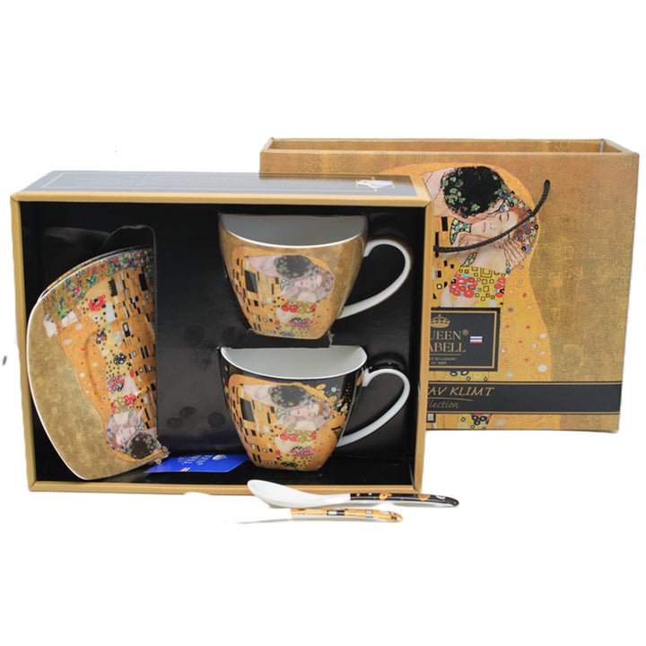 Queen Isabell - Set van 2 porseleinen kopjes, Klimt's Kiss-motief, theelepels, 250 ml, W25KL60-2-19000
