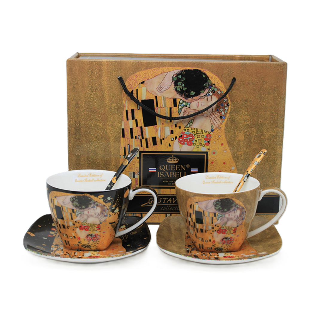Queen Isabell - Set van 2 porseleinen kopjes, Klimt's Kiss-motief, theelepels, 250 ml, W25KL60-2-19000