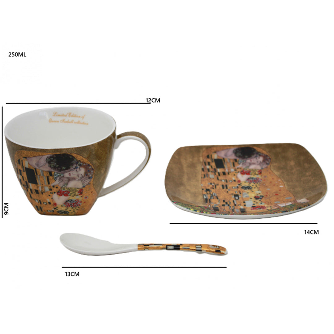 Queen Isabell - Set van 2 porseleinen kopjes, Klimt's Kiss-motief, theelepels, 250 ml, W25KL60-2-19000