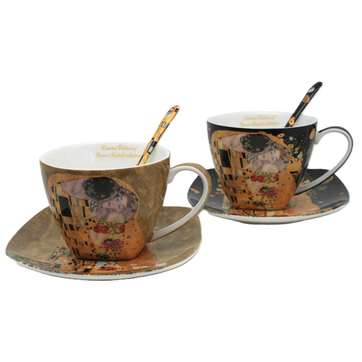 Queen Isabell - Set van 2 porseleinen kopjes, Klimt's Kiss-motief, theelepels, 250 ml, W25KL60-2-19000