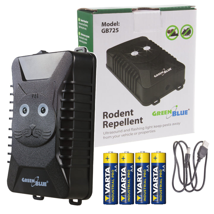 GreenBlue GB725 - Verjager met 4x AA batterij - Afschrikmiddel voor knaagdieren en marterachtigen met ultrasone en LED-verlichting - 18-36 kHz - 110 dB