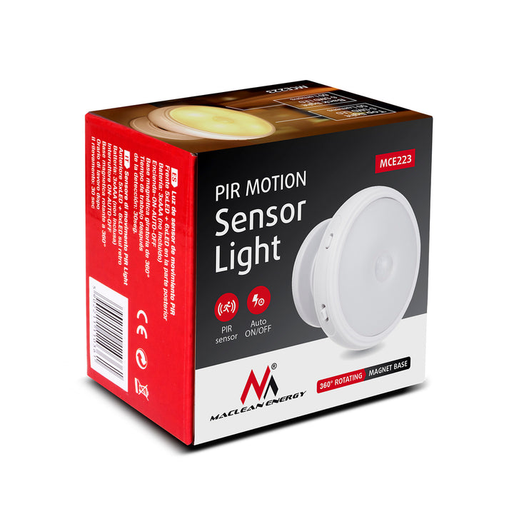 LED lamp met Maclean bewegingssensor, magneet, achtergrondverlichting, lichtstanden: continu, PIR sensor, 3xAA, MCE223 + 3 x Varta Industrial batterijen
