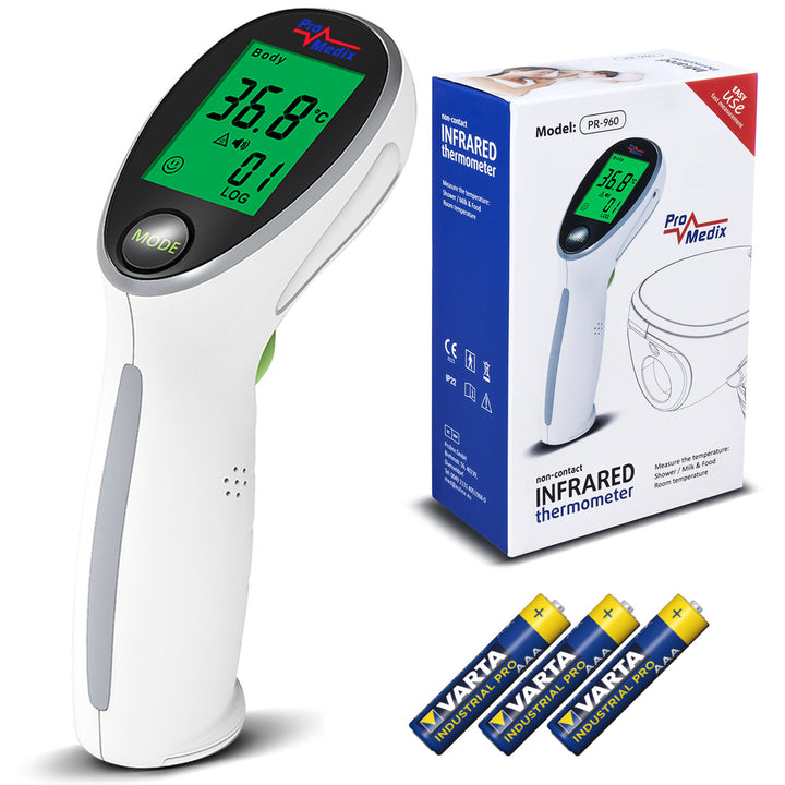 Promedix PR-960 contactloze infrarood medische thermometer + 2x AAA Varta industriële batterijen