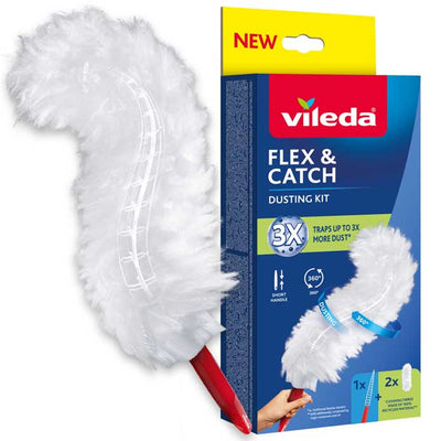 Vileda Flex&Catch - Stofbezem met korte steel - 2 navulling inbegrepen - antislip - flexibele kop - 179432