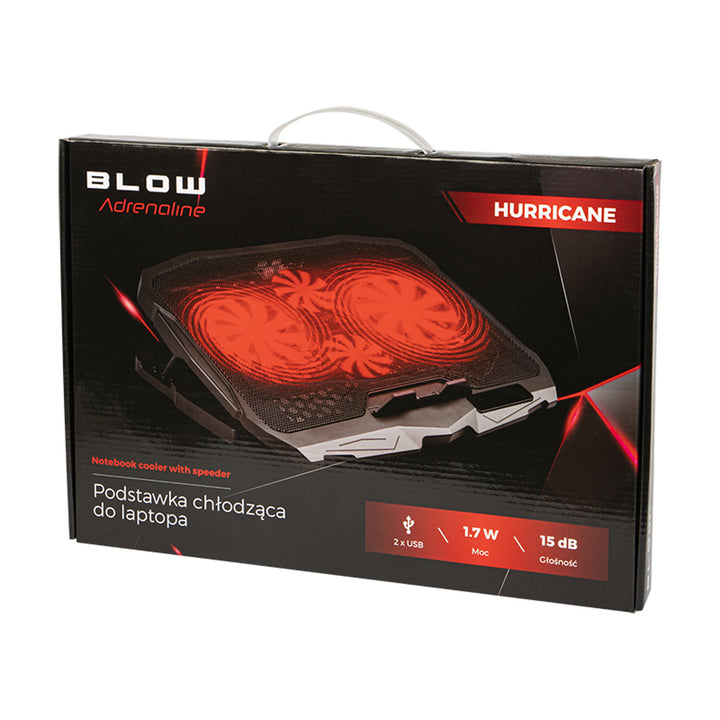 Blaas Hurricane laptop koelstandaard, vier ventilatoren, rode verlichting, ingebouwde USB-hub