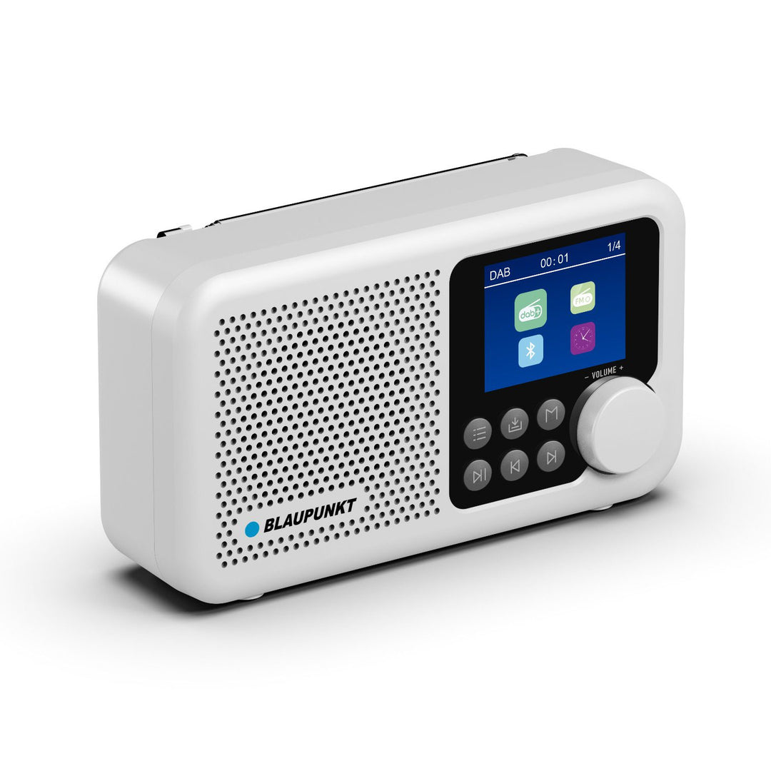 Draagbare radio van Blaupunkt, DAB+ digitale radio en FM-tuner, Bluetooth, hoofdtelefoonuitgang, 2,4 inch kleurenscherm, klok en alarmfunctie, werkt op batterij en is oplaadbaar via USB-C, DR8WH